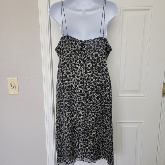 NWT Kenneth Cole 100% Silk Sleeveless Dress Waist Tie Black Cream Circles Sz 14 - Picture 6 of 13